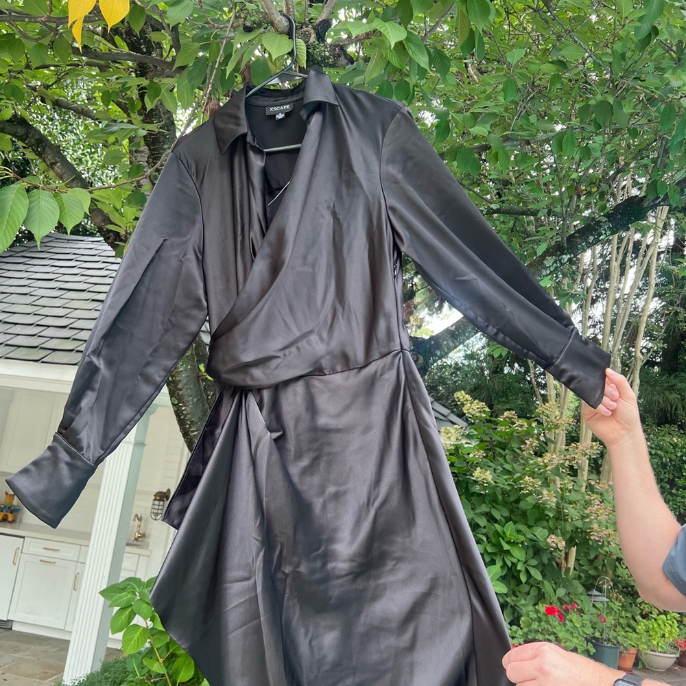 Xscape NWT Black Satin Shirtdress Gown Size 8 Long Sleeve Wrap Formal 6648X